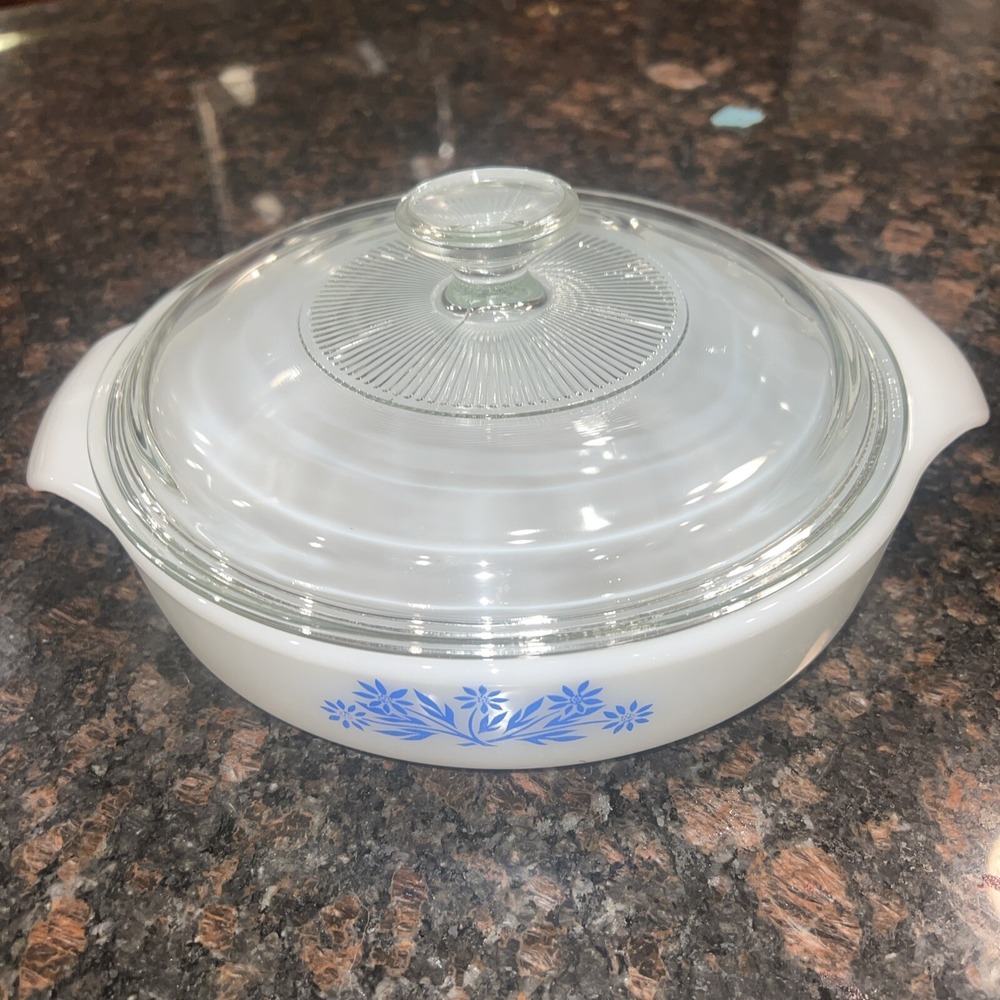 VTG Anchor Hocking Fire-King Corn Flower Blue 9" Pie Cake Quiche Pan #429 USA